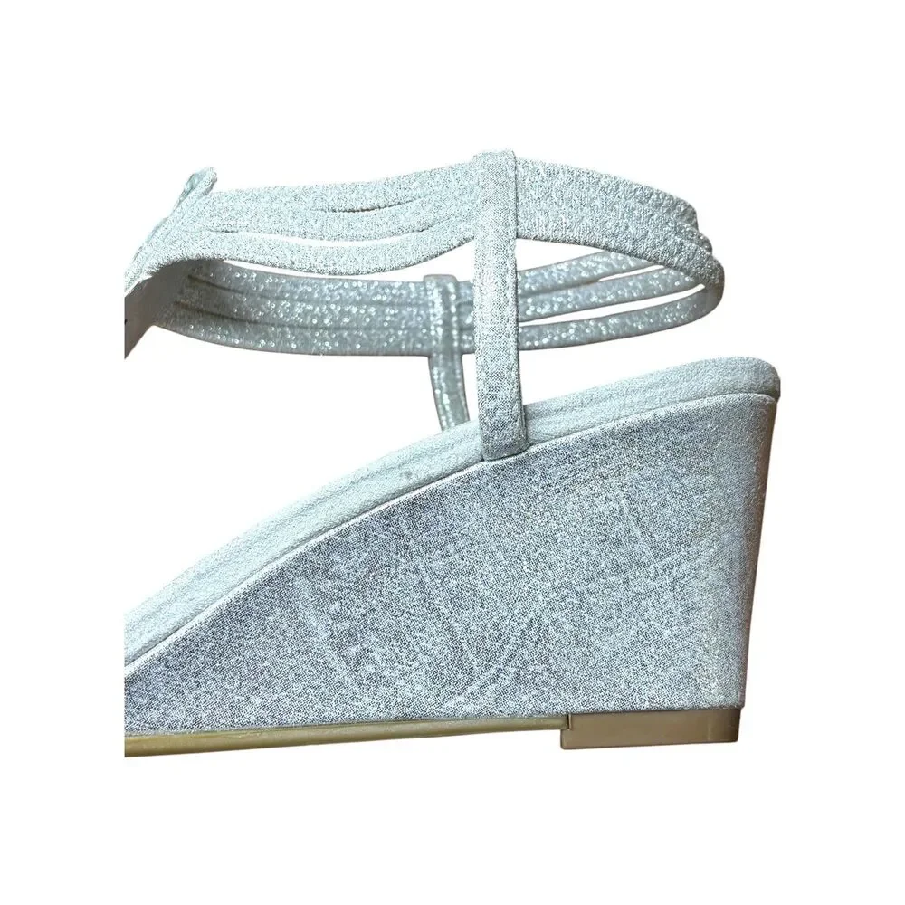 New York Transit Friend Ship Rhinestone T-Strap Wedge Sandals Silver Size 8.5